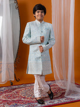 Sky blue silk embroidered boys indowestern set