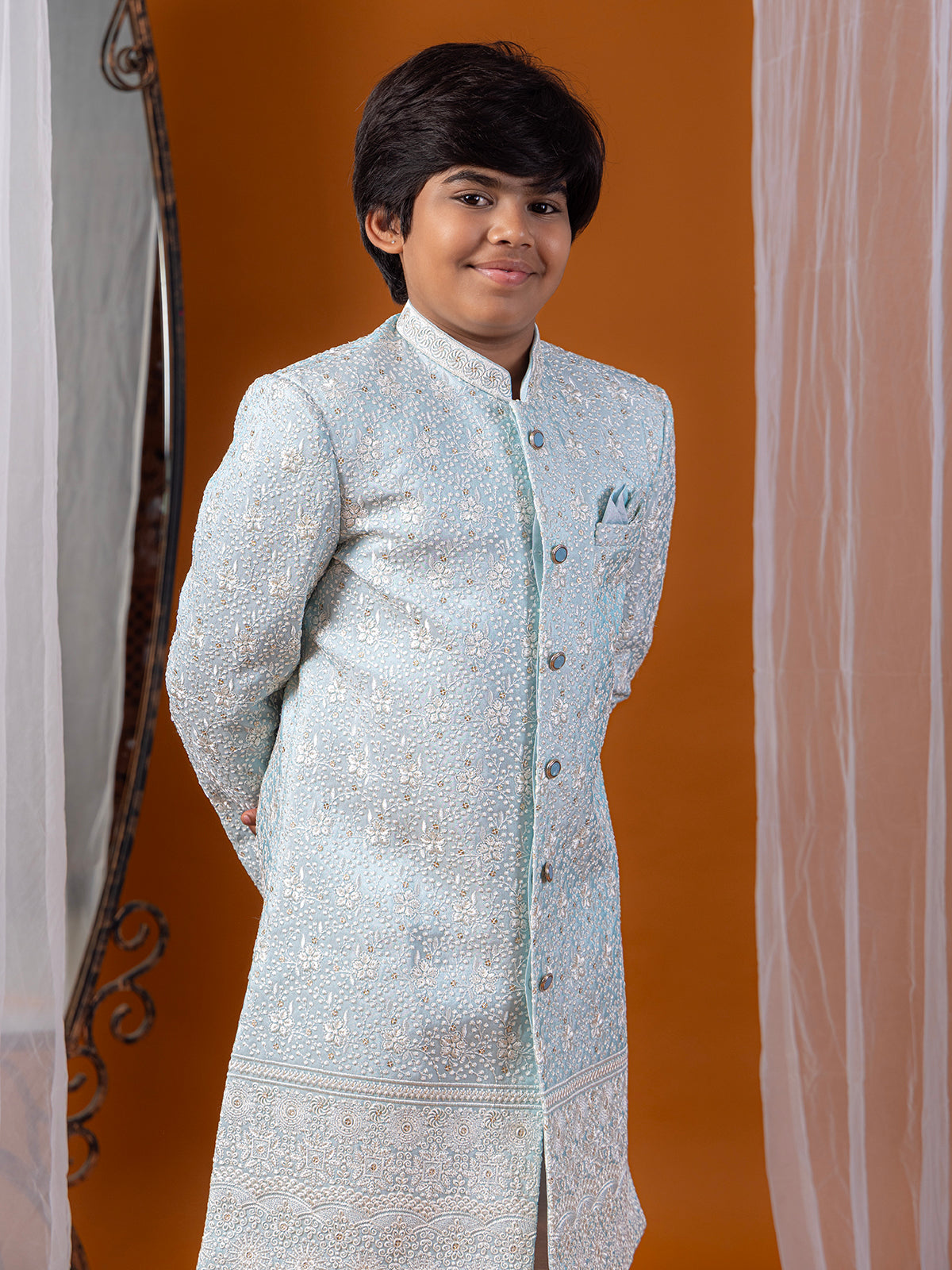 Sky blue silk embroidered boys indowestern set