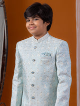Sky blue silk embroidered boys indowestern set