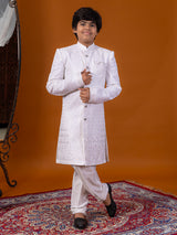 White silk indowestern suit with woven self design