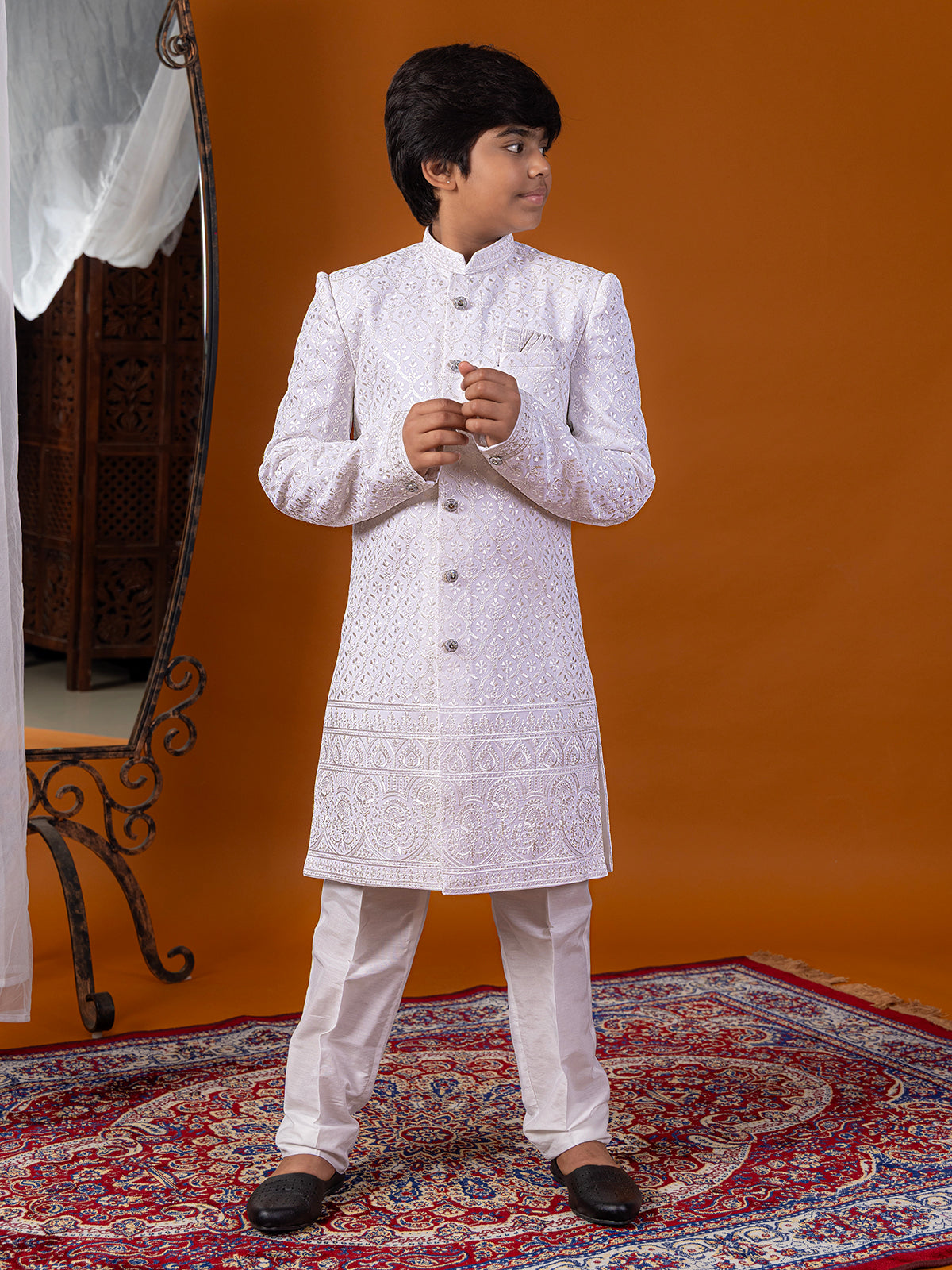 White silk indowestern suit with woven self design