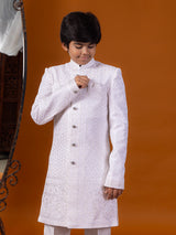 White silk indowestern suit with woven self design