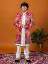 Fuchsia brocade silk indo western with kalamkari print