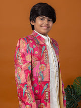 Fuchsia brocade silk indo western with kalamkari print