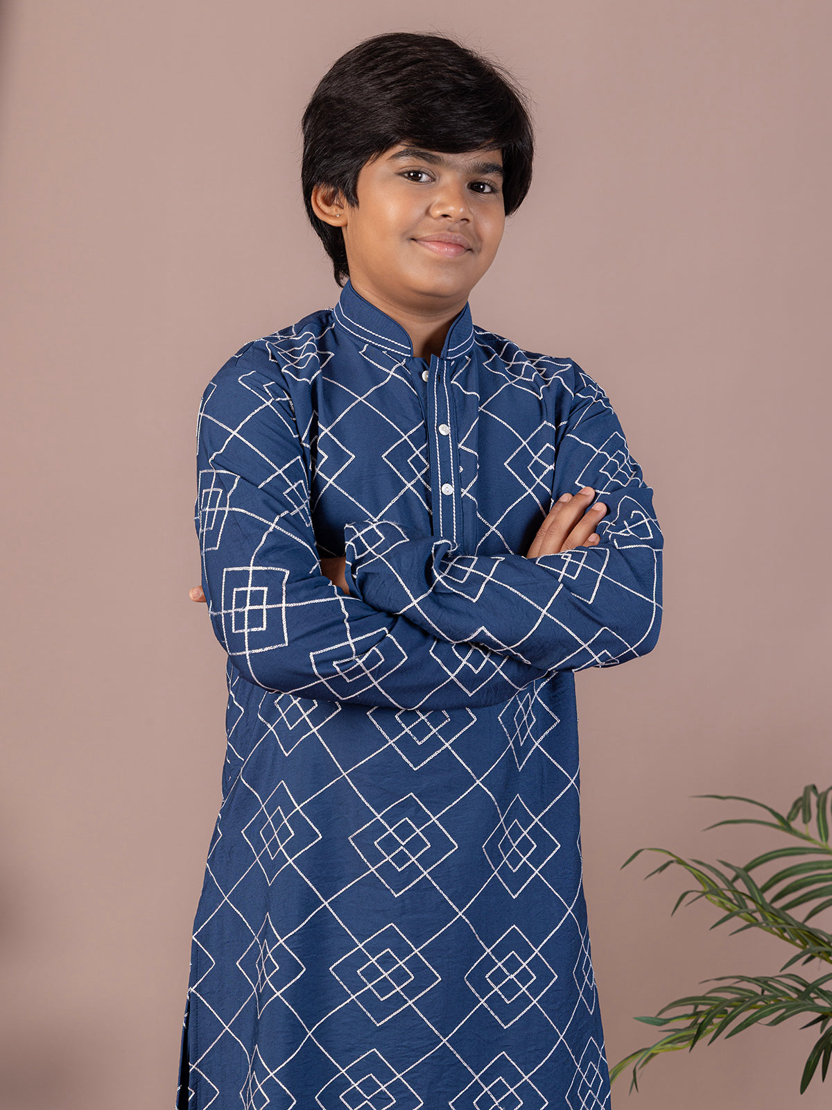 Stone blue cotton thread work festive kurta suit
