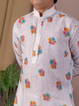 White floral printed cotton linen festive kurta suit