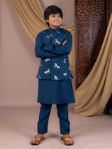 Blue silk waistcoat with royal horse foil print