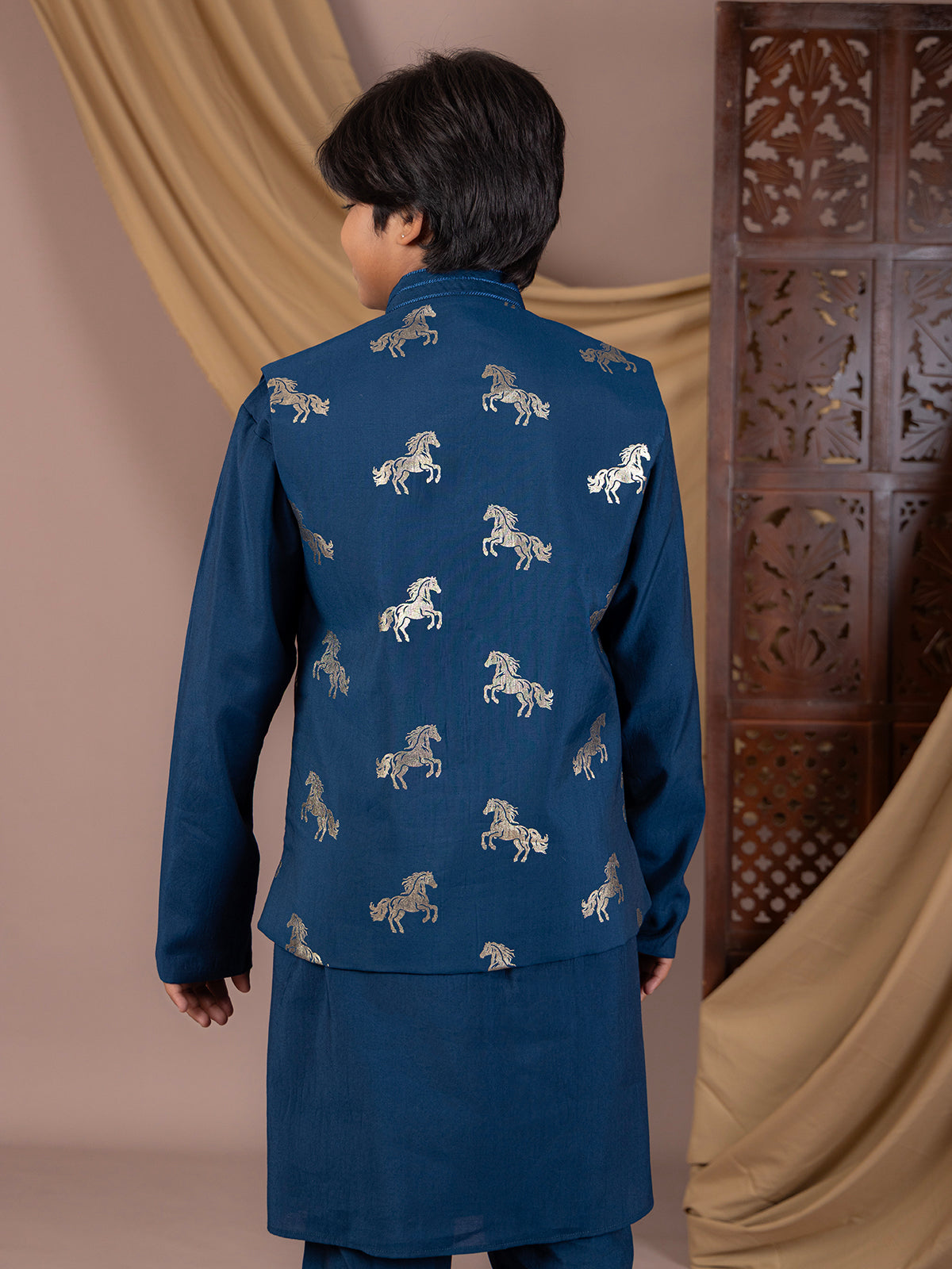 Blue silk waistcoat with royal horse foil print