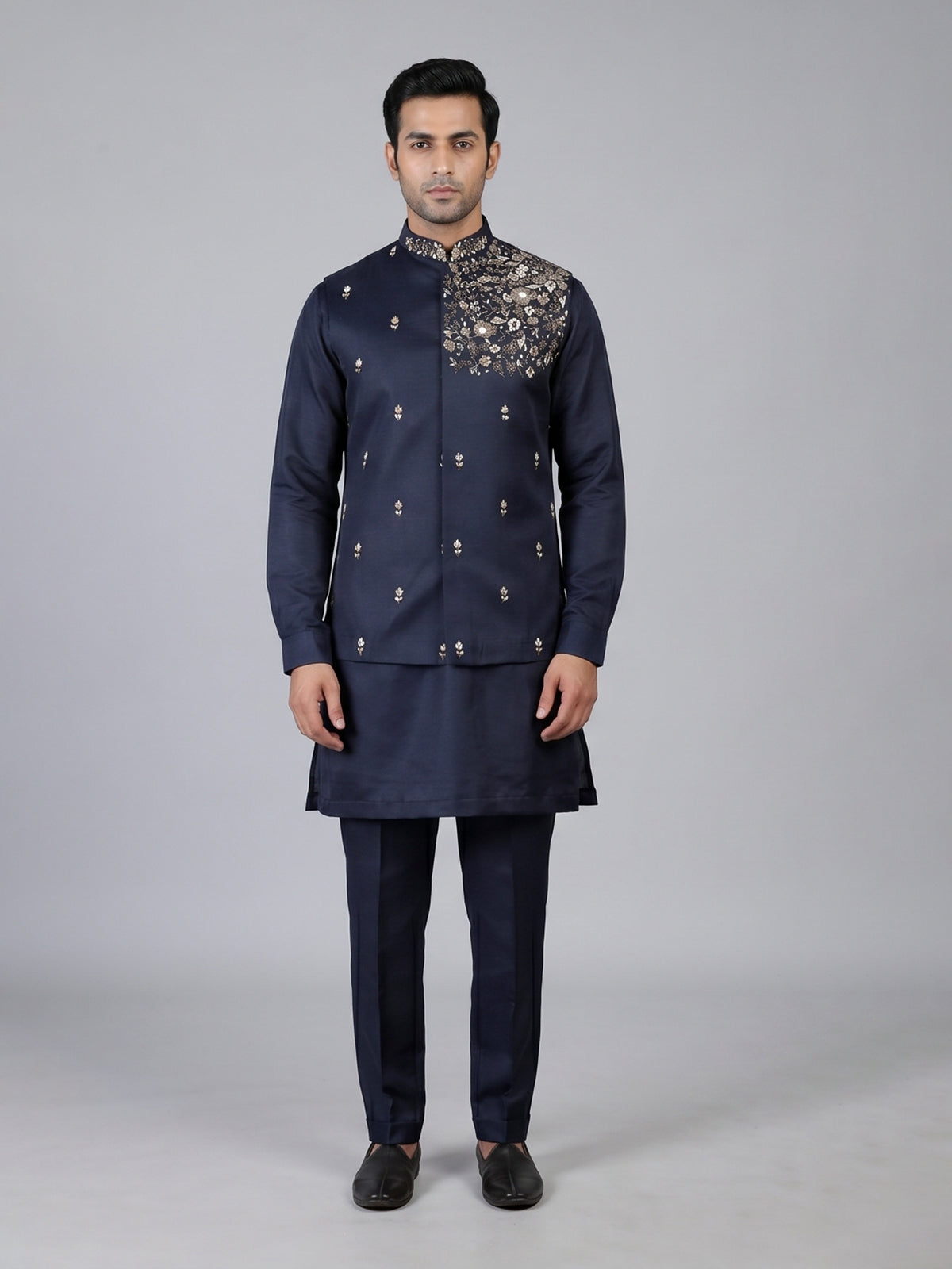 Navy linen waistcoat set with chinese collar design