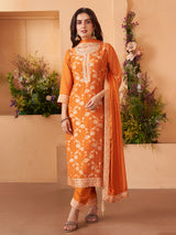 Orange silk straight cut salwar suit with mirror zari work