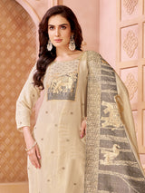 Cream silk straight cut salwar suit with elephant motifs