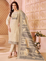 Cream silk straight cut salwar suit with elephant motifs