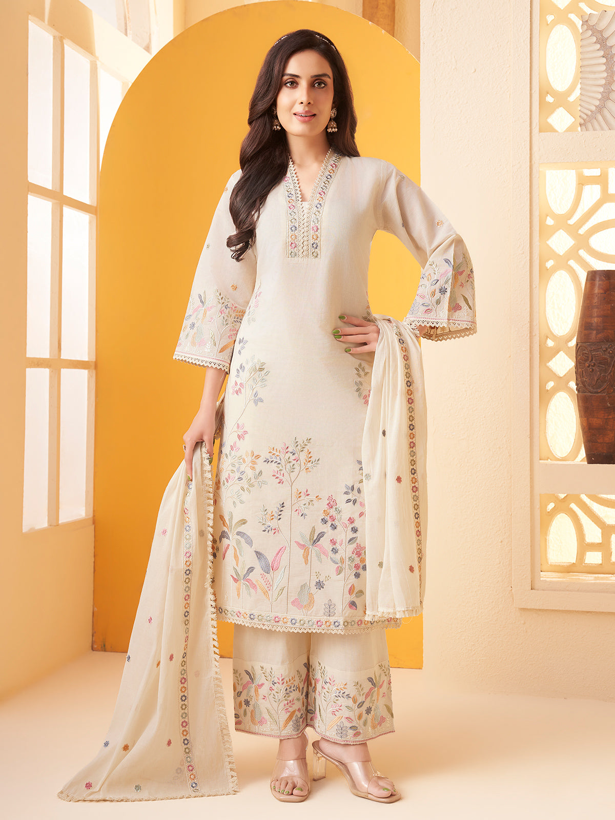 Off white cotton straight salwar suit with embroidery work