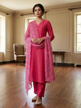 Magenta silk straight cut kurti set with aabla work