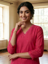 Magenta silk straight cut kurti set with aabla work