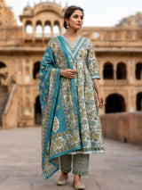 Firozi blue cotton floral printed palazzo kurti set