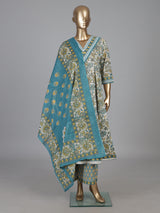 Firozi blue cotton floral printed palazzo kurti set