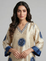 Cream blue mulmul silk printed kurti set