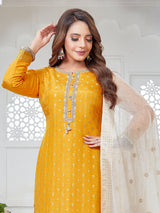 Mustard yellow silk straight cut suit with pearl work