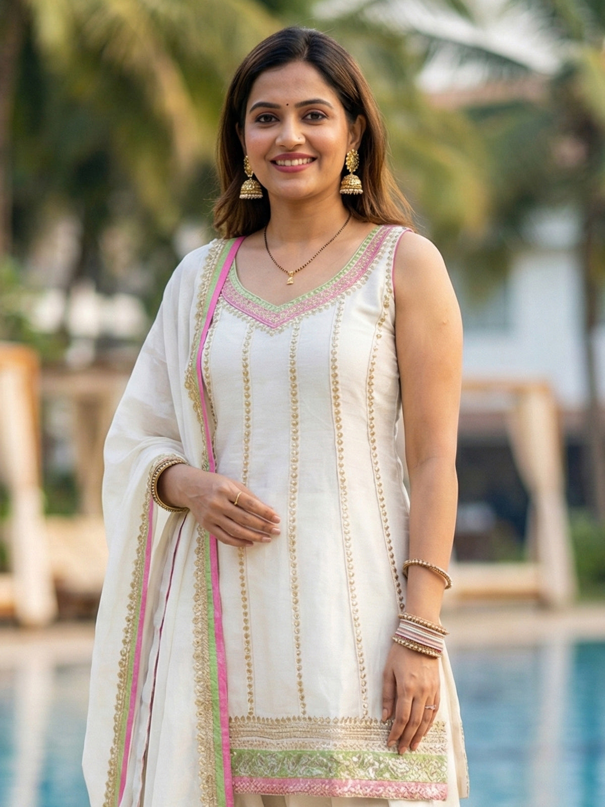 White cotton silk dhoti suit with zari work