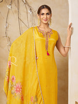 Mustard silk straight cut suit with zardosi embellishments