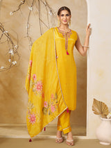 Mustard silk straight cut suit with zardosi embellishments