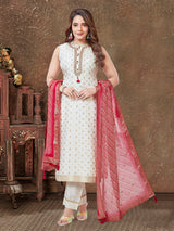 Off white silk straight salwar suit with stand collar