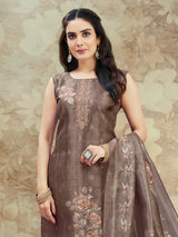 Pastel brown silk straight suit with floral print