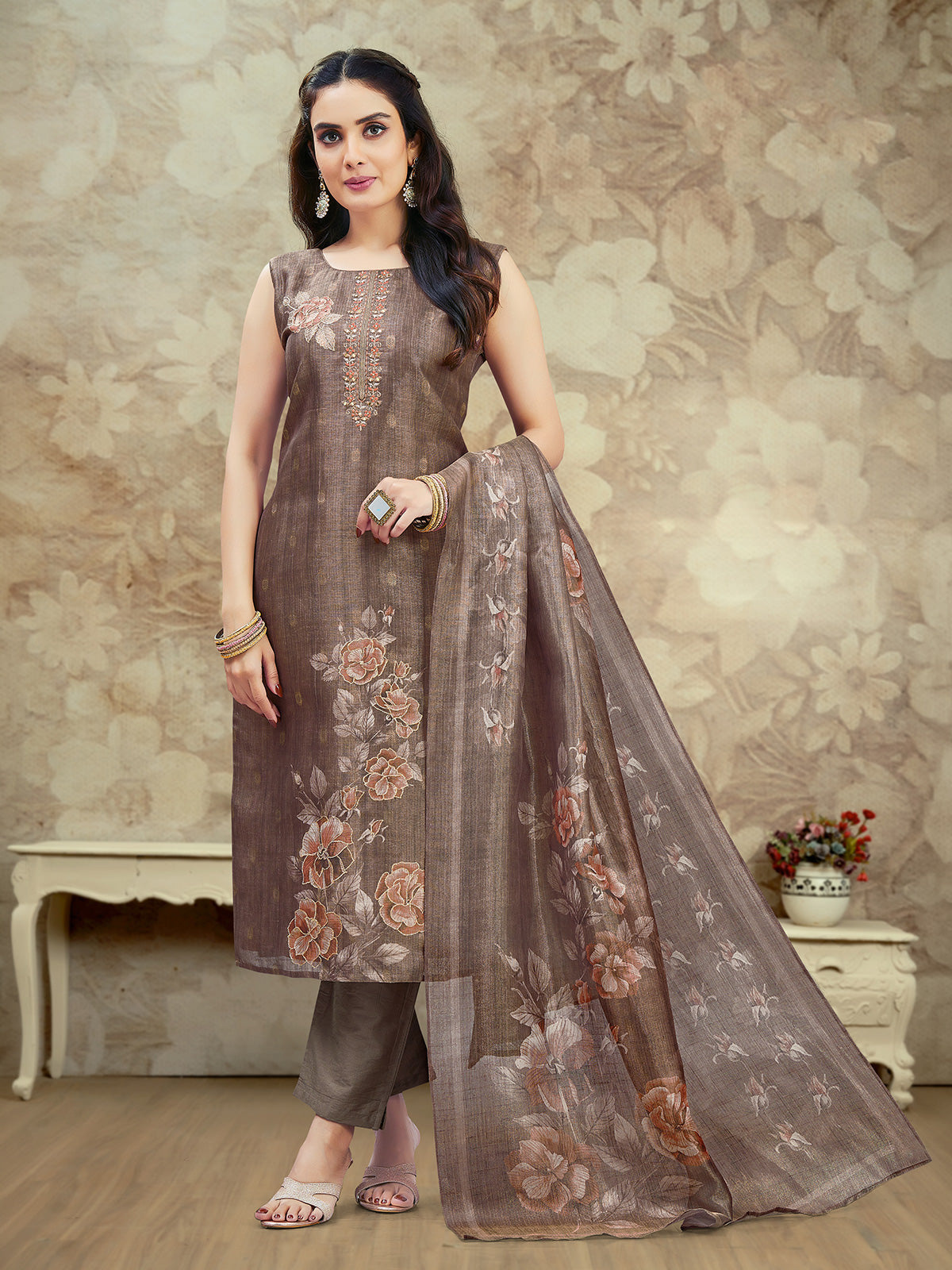 Pastel brown silk straight suit with floral print