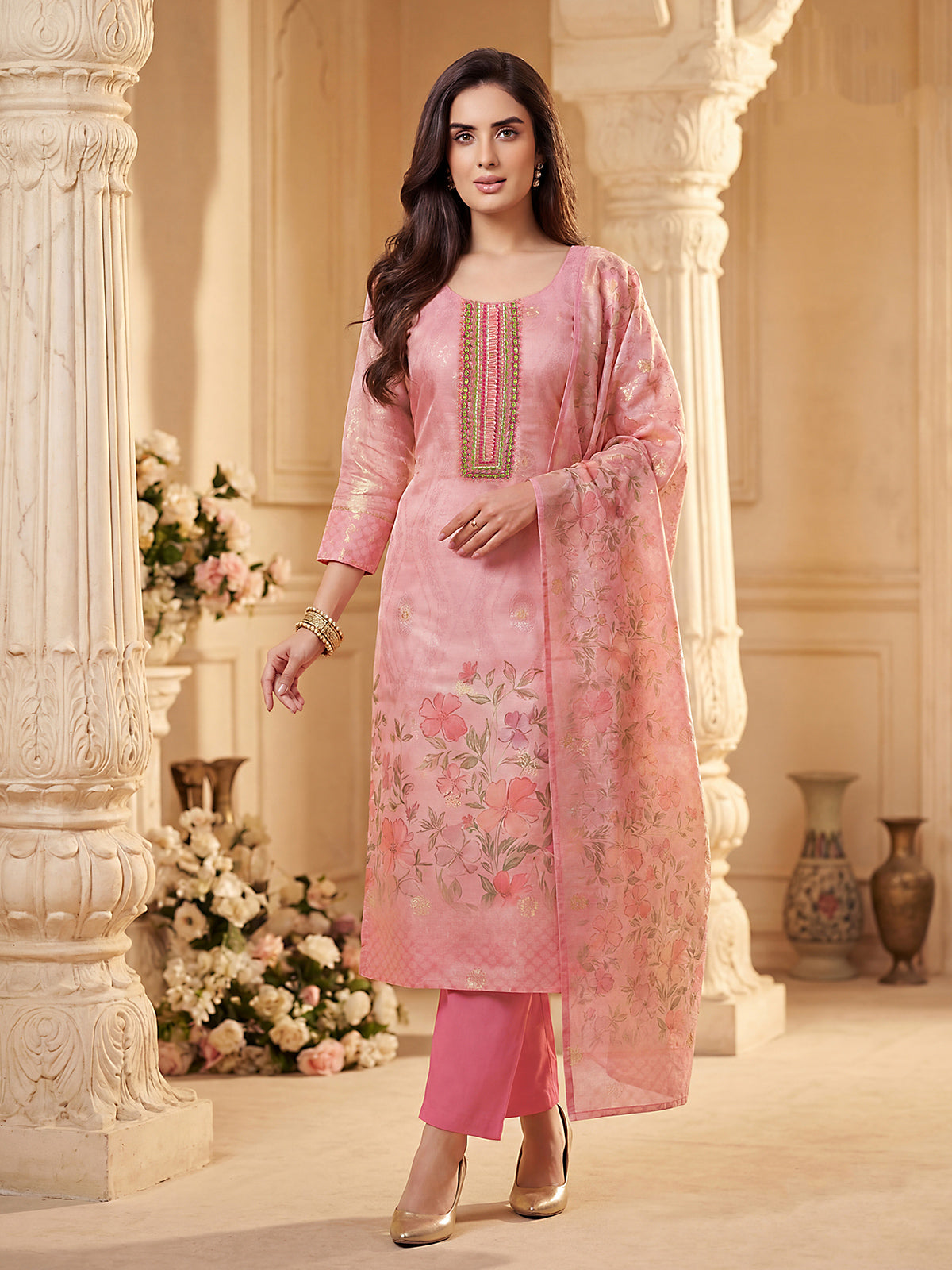 Pink cotton silk straight cut salwar suit with floral prints