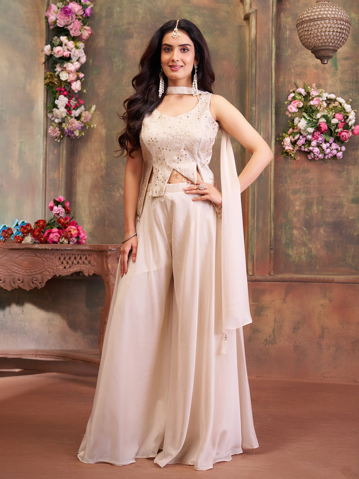 Off white silk palazzo suit with delicate zari accents