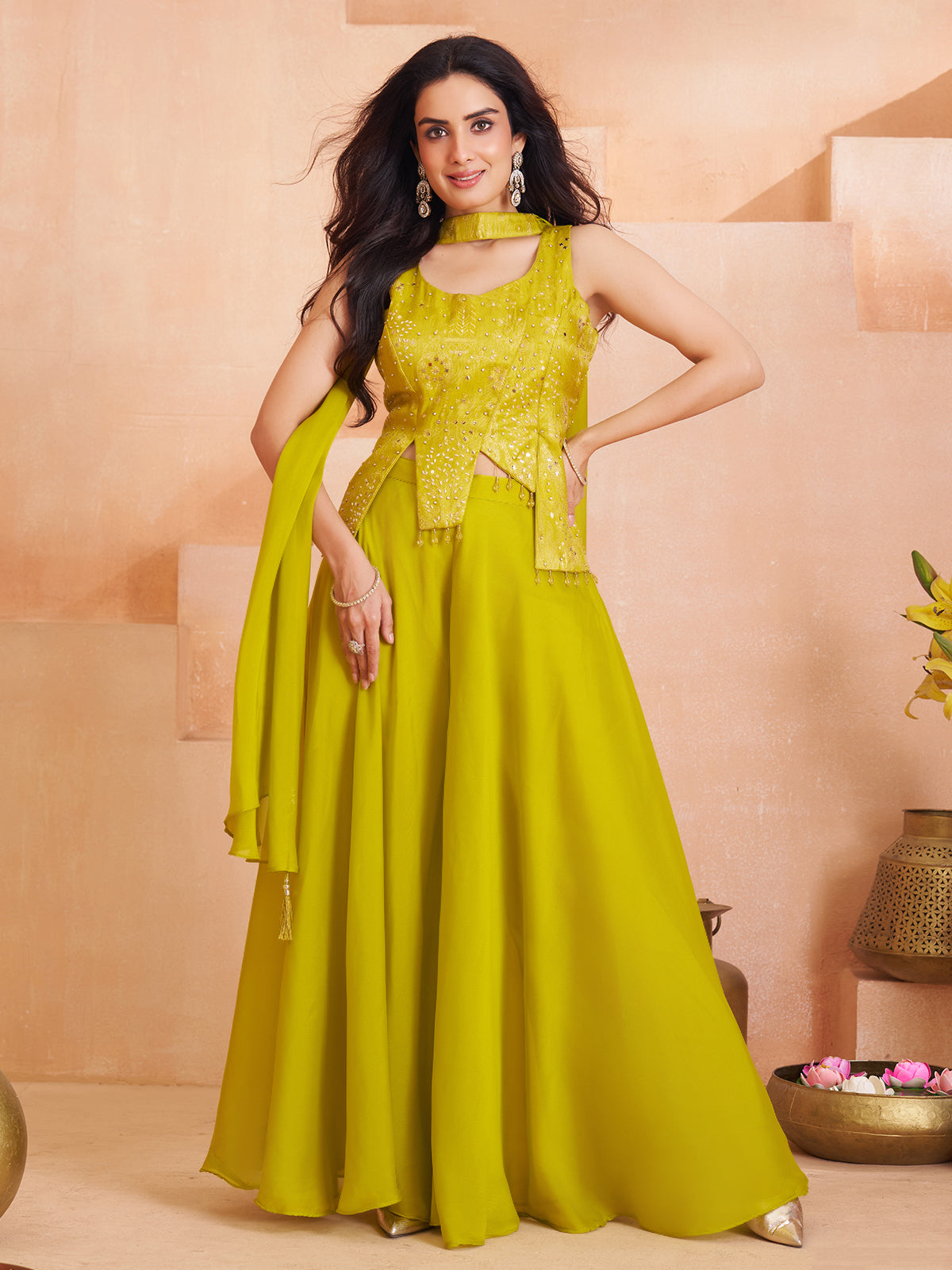 Light green silk palazzo suit with shimmering tassels