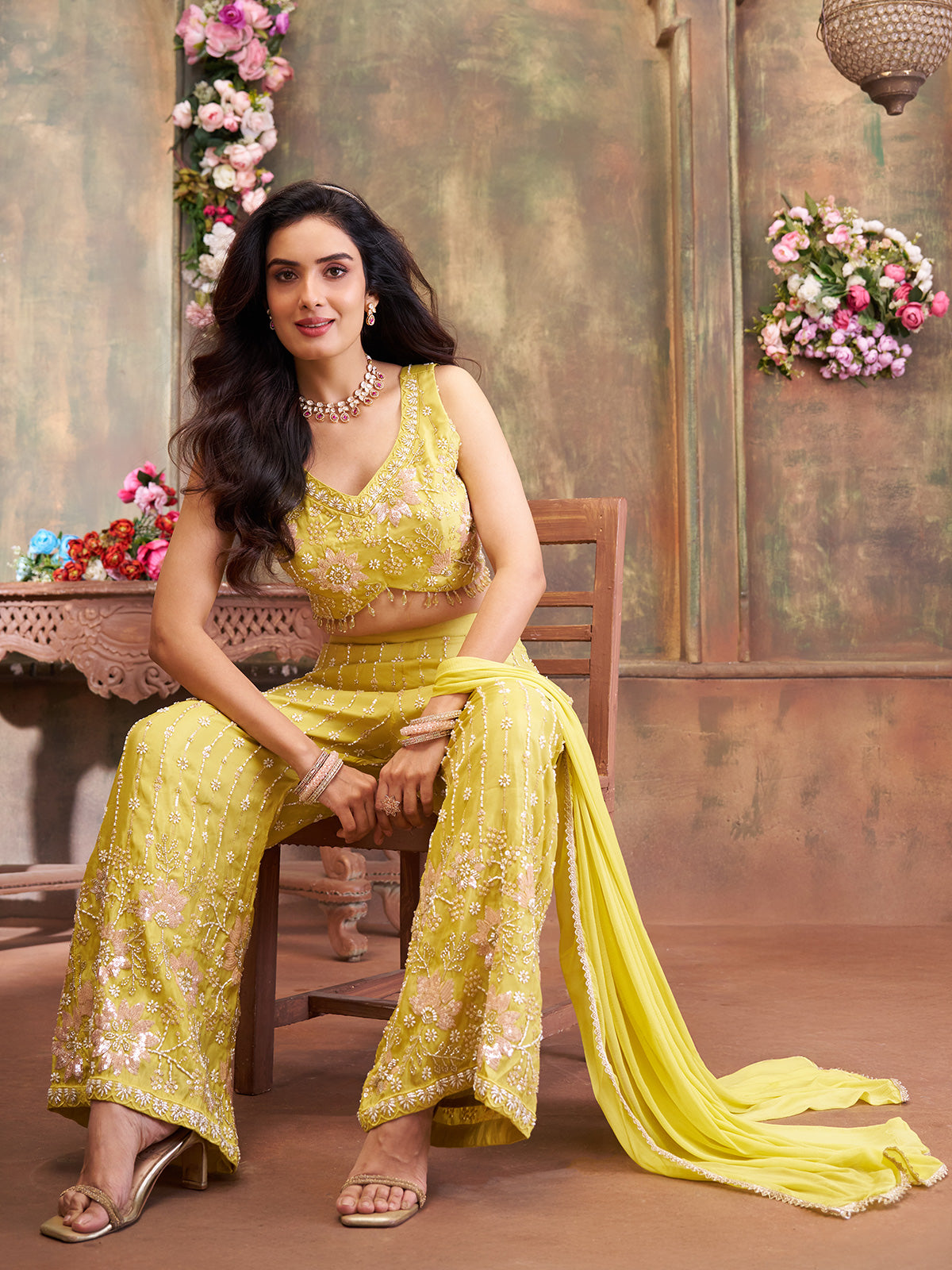 Liril green silk palazzo suit with tassel detailing