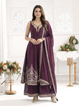 Wine georgette palazzo suit with zardosi and zari work