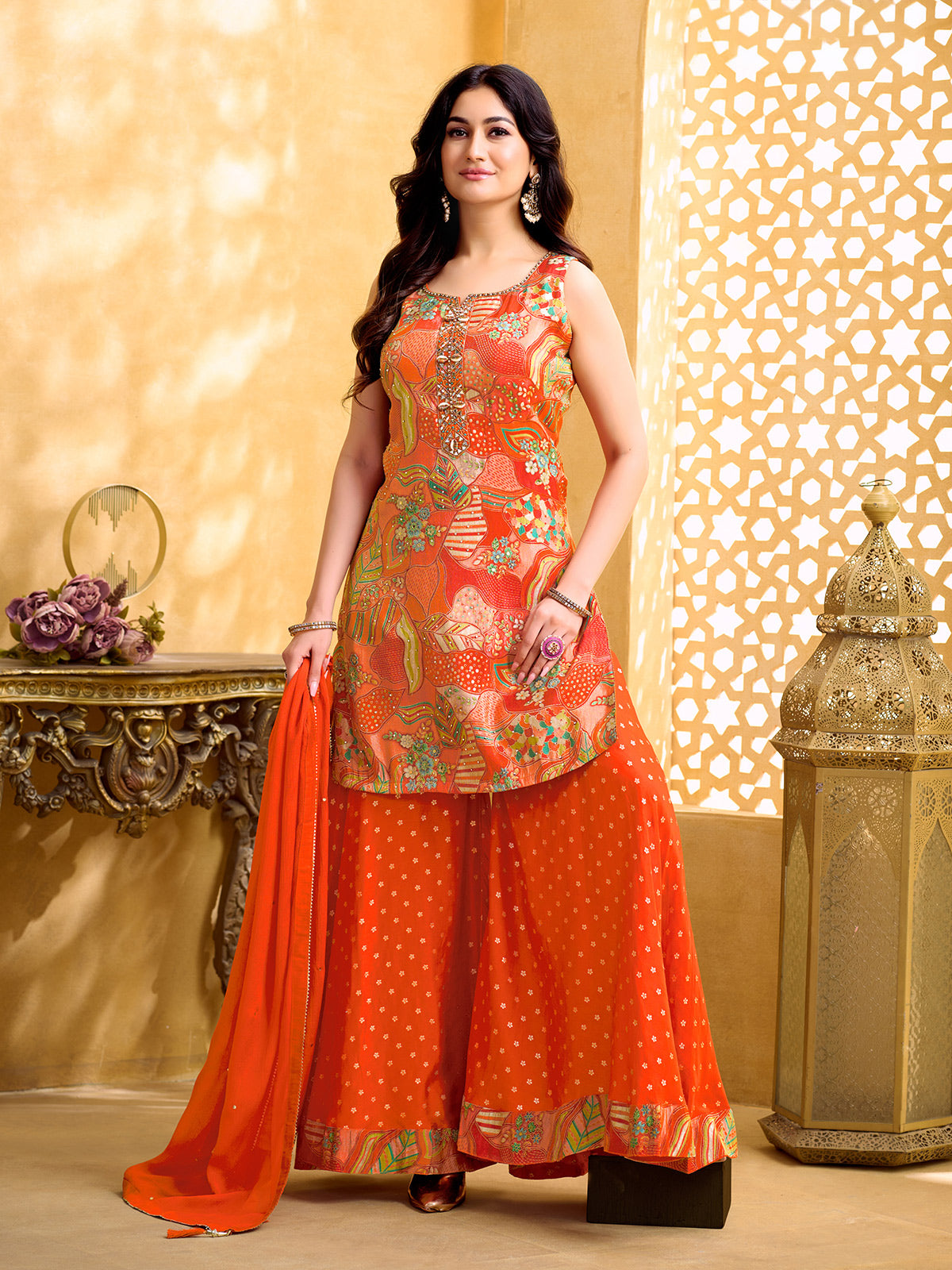Orange silk palazzo suit with mirror and zari embellishments