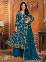 Rama blue silk anarkali palazzo suit with dupatta
