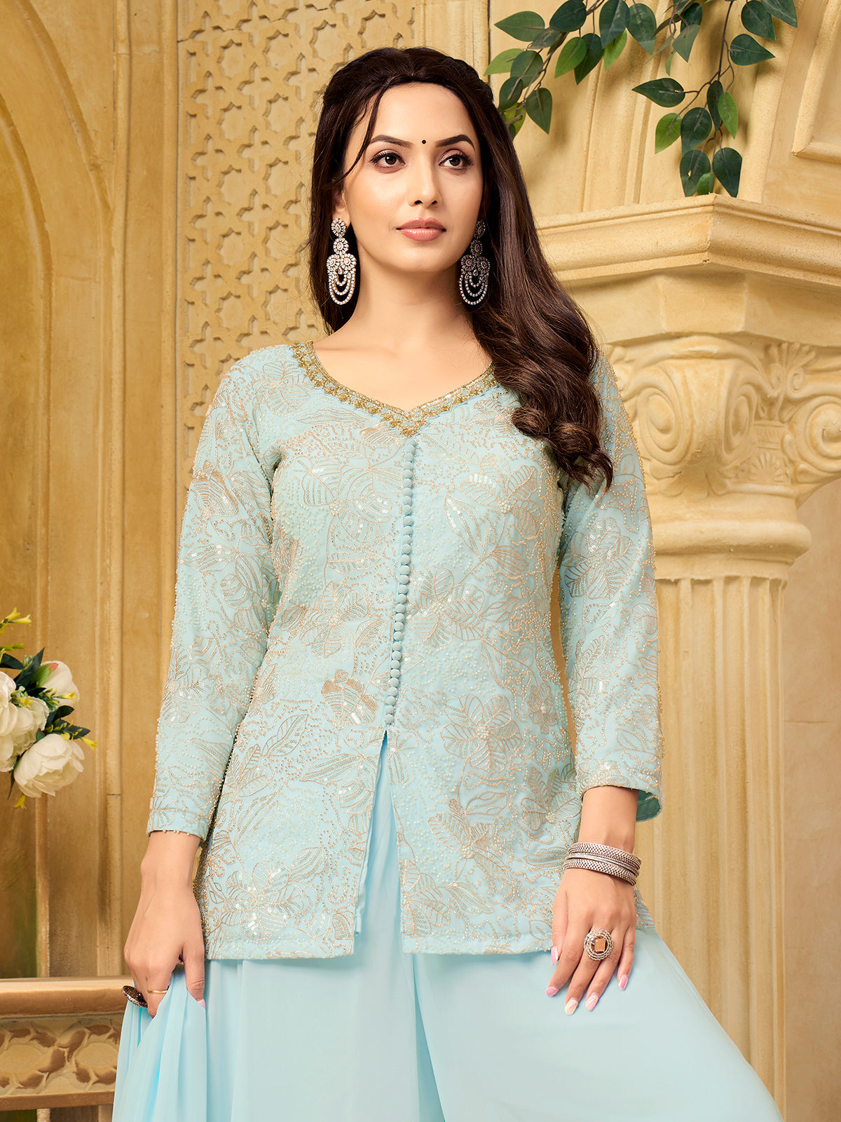 Mint blue georgette palazzo suit with dupatta for festive