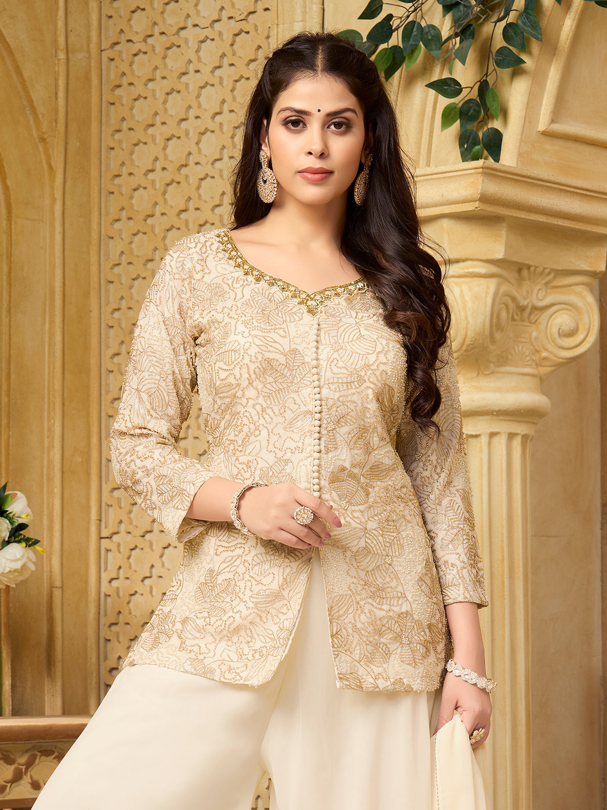 Cream georgette palazzo suit with sweetheart neckline dupatta