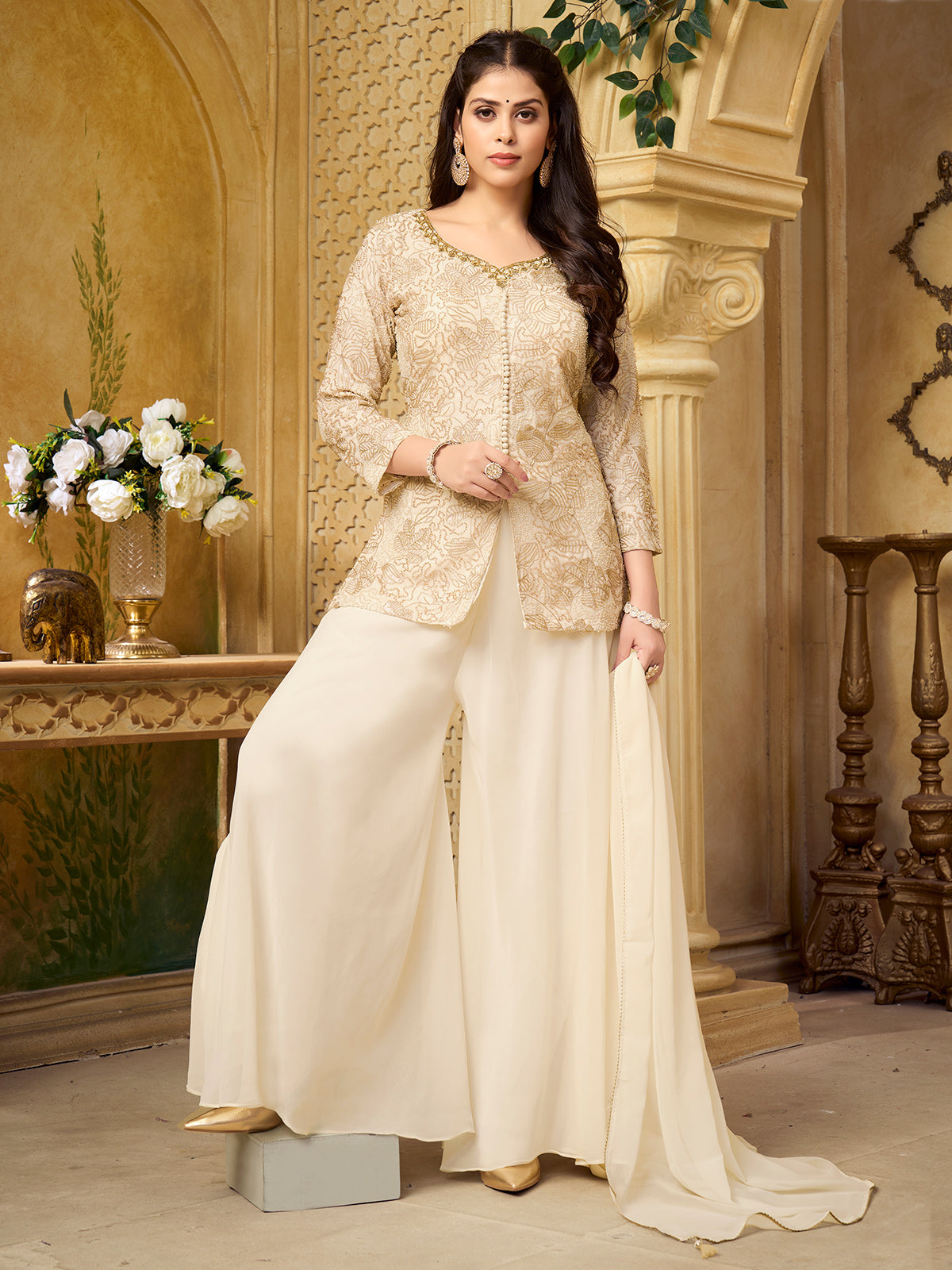 Cream georgette palazzo suit with sweetheart neckline dupatta