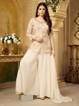 Cream georgette palazzo suit with sweetheart neckline dupatta