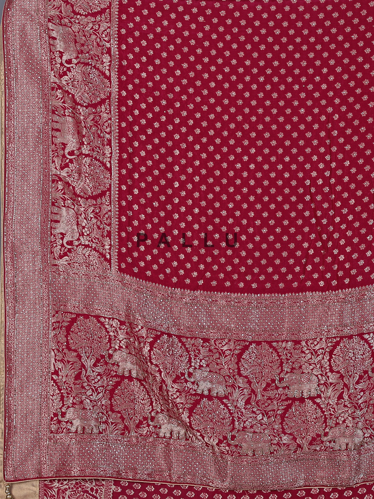 Maroon dola silk saree with elephant motif zari design