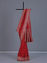 Red dola silk saree with stone zari butti work