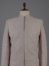 Pink raw silk peshwai style sherwani with dupatta