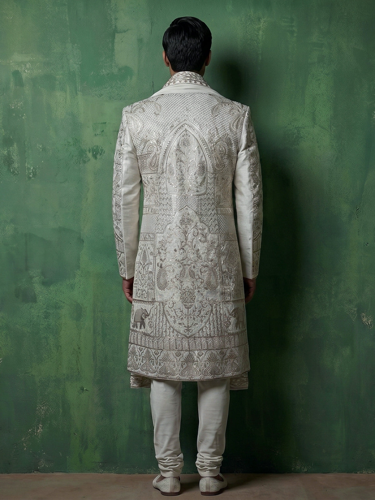 Light grey silk sherwani with elephant motif elegance