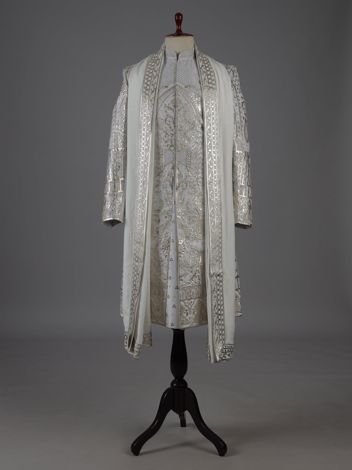 Light grey silk sherwani with elephant motif elegance