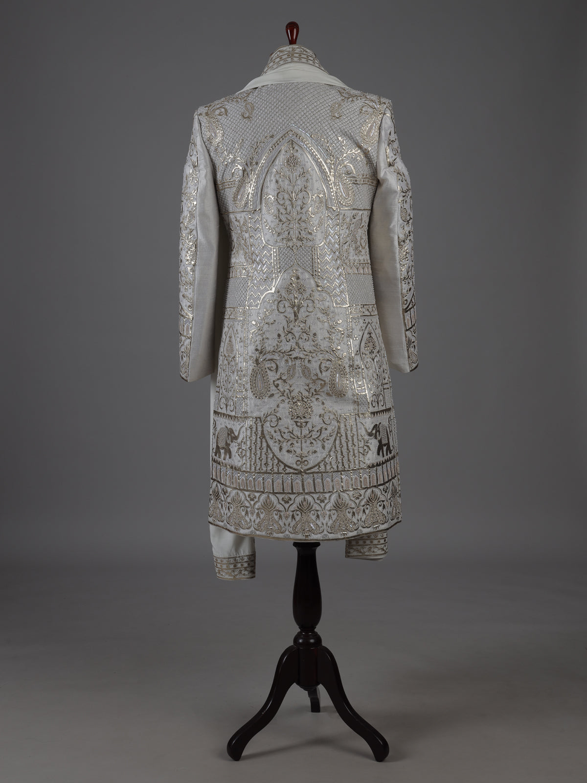 Light grey silk sherwani with elephant motif elegance
