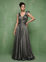 Charcoal grey satin silk designer floor length gown