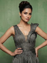 Charcoal grey satin silk designer floor length gown