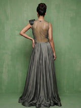 Charcoal grey satin silk designer floor length gown