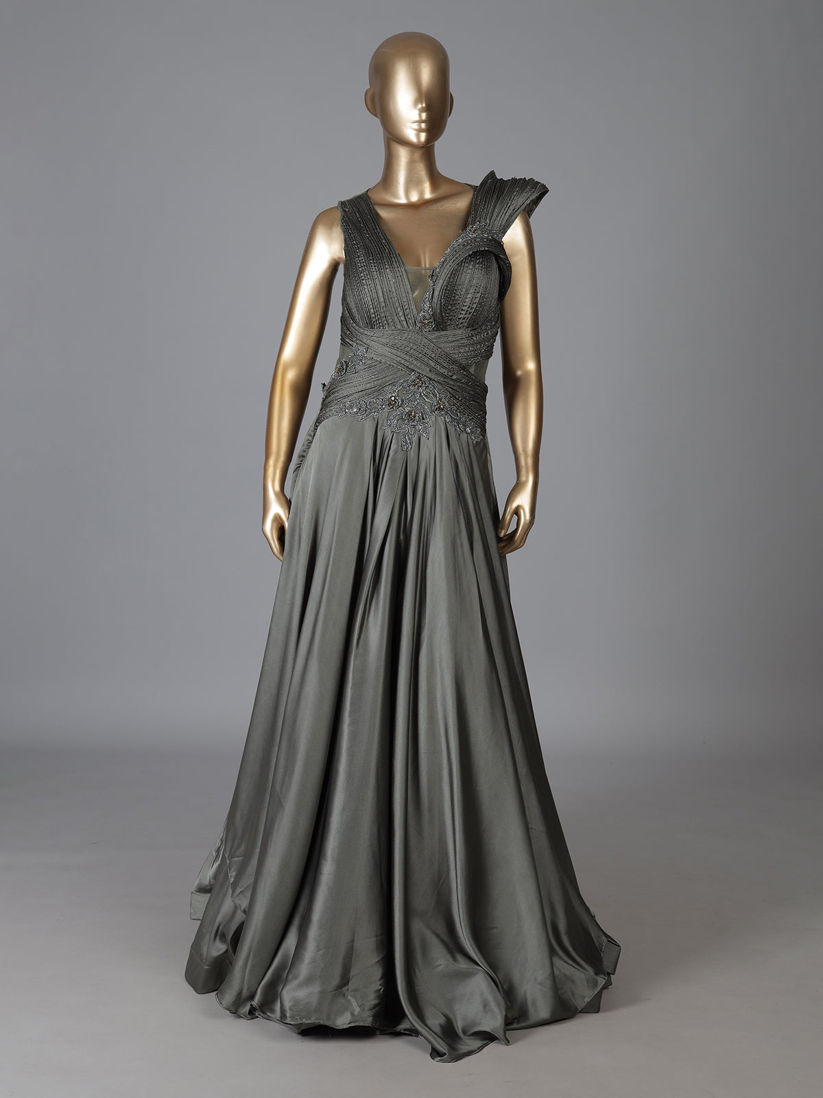 Charcoal grey satin silk designer floor length gown